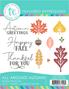 Graphic of All Around Autumn red rubber stamp set that includes 11 different stamps for papercrafting.