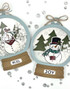 Two handmade greeting tags with snow globes on both and snowmen in each of them.
