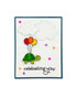 Handmade greeting card with turtle on it and celebrating you sentiment on it.