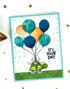 Handmade greeting card with turtle and balloons on it with it's your day sentiment on it.