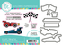 Graphic of Fast Track Rubber Stamp and Die Combo which includes race cars and racing birthday sentiments for papercrafting.
