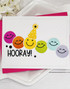Handmade greeting card with smiley faces on it and hooray sentiment on it.
