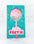 Handmade greeting party with a balloon on it and let's party sentiment on it.