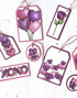 Lots of handmade gift tags with valentine's themed items on each tag.
