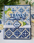 Handmade greeting card with tiles on it and thanks friend sentiment on it.