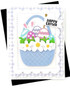 Handmade greeting card with a bunny in a basket on it and hoppy easter sentiment on it.