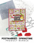 Graphic of Postmarked - Springtime product bundle whihc includes dies, stamps, embossing folder, foil it, and layering stencil.