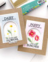 Two handmade greeting cards with flowers on each and different plant sentiments on each.