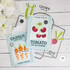 Handmade greeting tags with carrots and tomatoes on each.