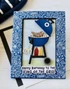 Handmade greeting card with grill on it and hot dogs with happy birthday to the king of the grill sentiment on it.