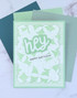 Handmade greeting card with diamonds on it and hey, happy birthday sentiment on it.