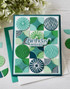 Handmade greeting card with circles on it and birthday wishes sentiment on it.