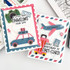 Two handmade greeting cards with travel themes on both and different travel sentiments on each.