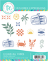 Graphic of Coastal Vibes Stamp Set which includes summer beach themed items on it for papercrafting.