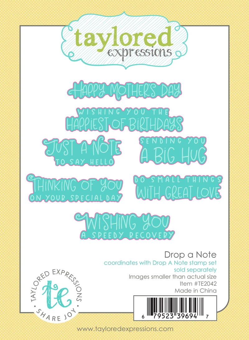 Graphic of Drop a Note steel dies which includes dies that cut out sentiments for papercrafting.