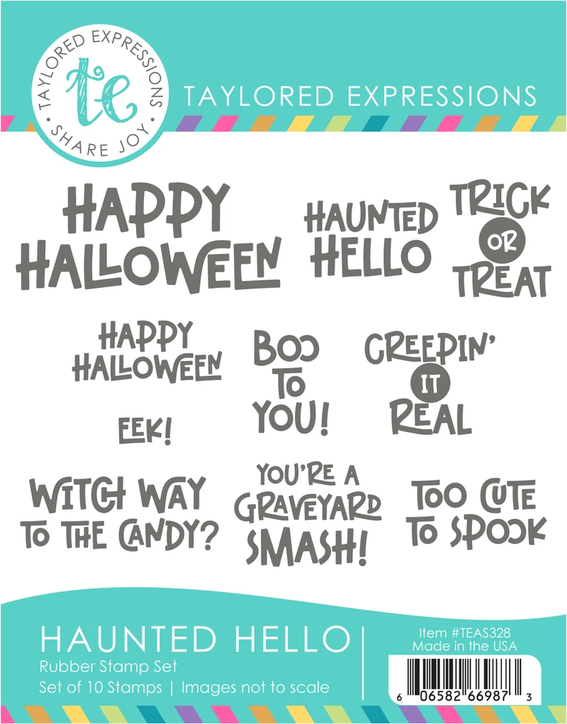 Graphic of Haunted Hello red rubber stamp set that includes Halloween sentiments for papercrafting.