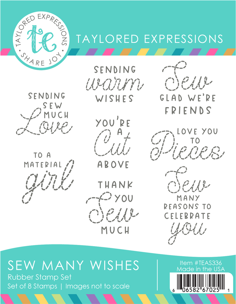 Graphic of Sew Many Wishes rubber stamp set that has dashes sewn sentiments for papercrafting.