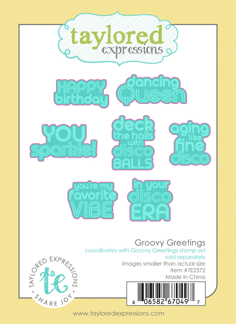 Graphic of Groovy Greetings steel die set that cuts out 7 different disco themed sentiments for papercrafting.