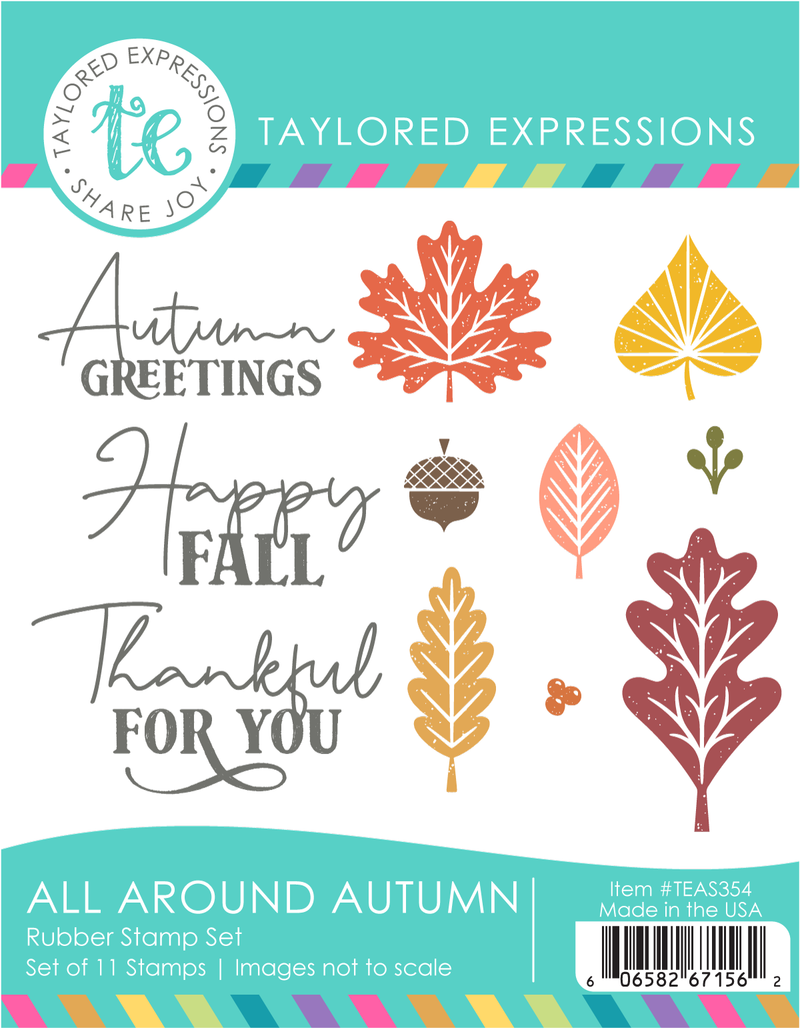 Graphic of All Around Autumn red rubber stamp set that includes 11 different stamps for papercrafting.