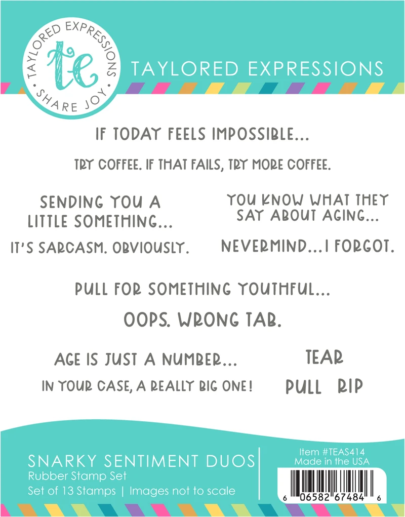 Graphic of Snarky Sentiments Duo rubber stamp set that includes 13 snarky sentiments for papercrafting.