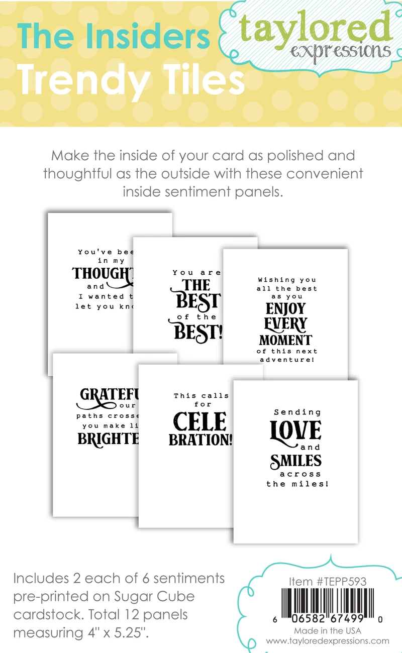 Image of The Insiders - Trendy Tiles which includes 2 each of 6 pre-printed sentiments for papercrafting.