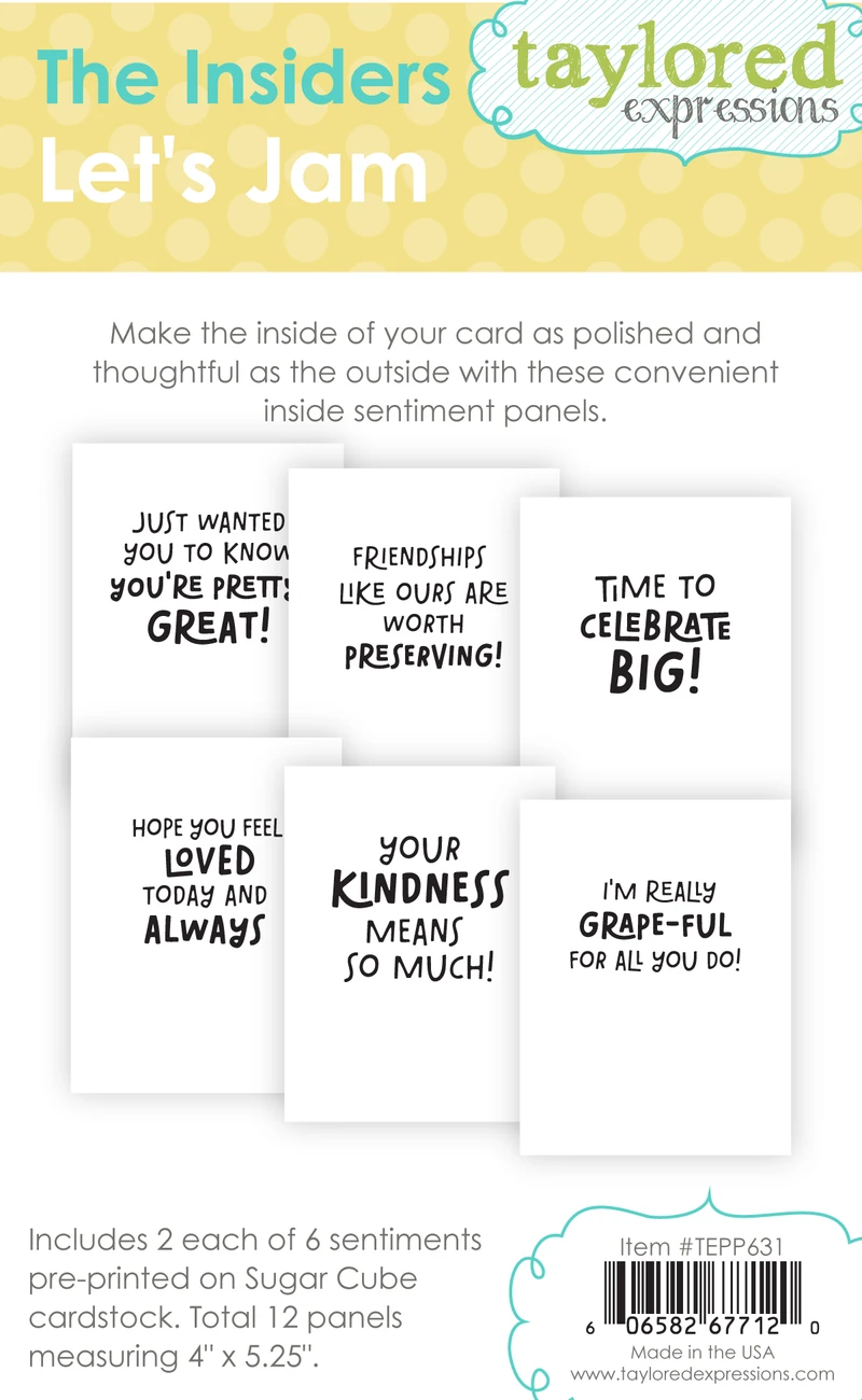 Graphic of The Insiders Let's Jam that includes 2 each of 6 sentiments pre-printed on sugar cube cardstock.