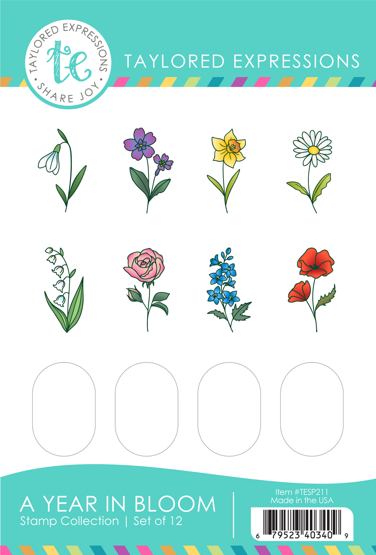 A Year In Bloom Stamp Panel with first seven month flowers shown.