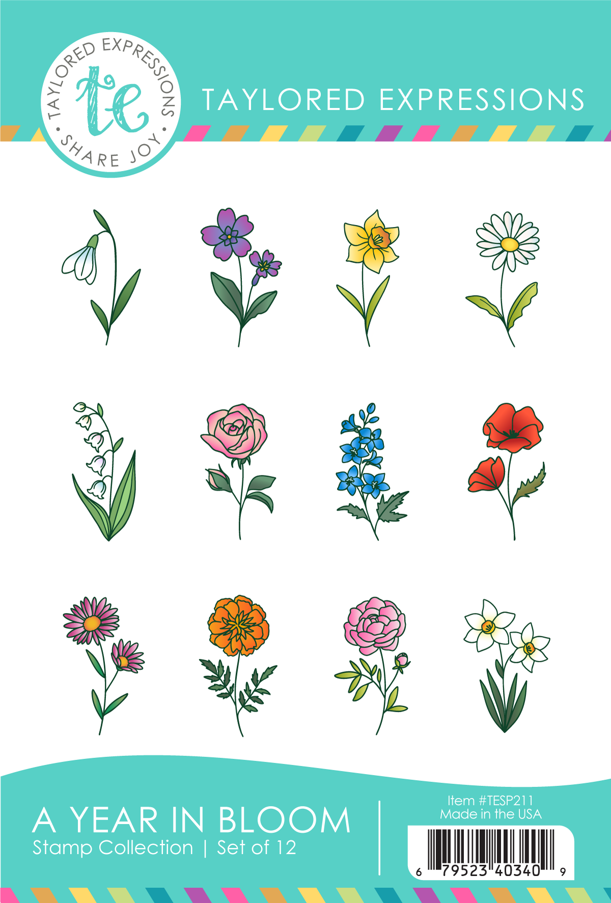 A Year In Bloom Stamp Panel with first seven month flowers shown.
