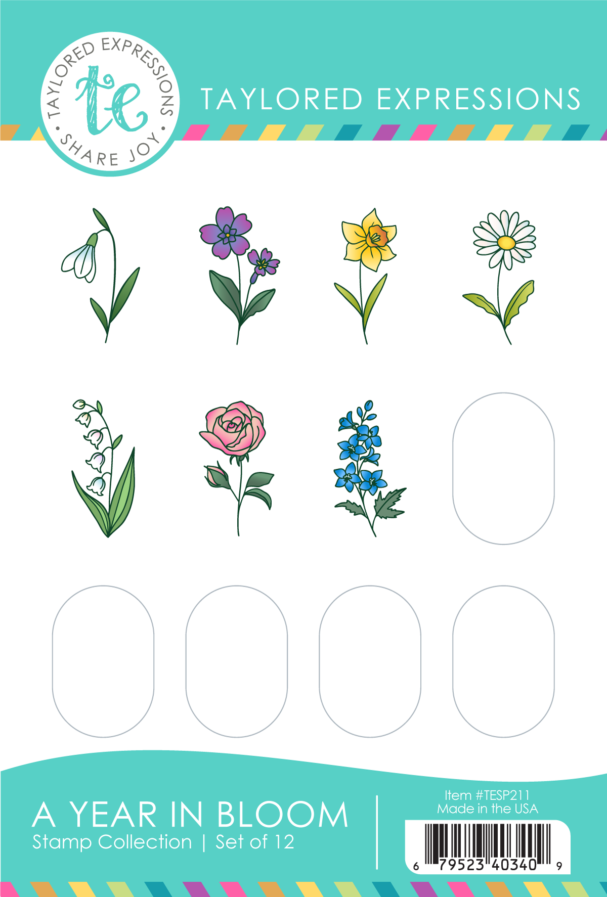 A Year In Bloom Stamp Panel with first seven month flowers shown.
