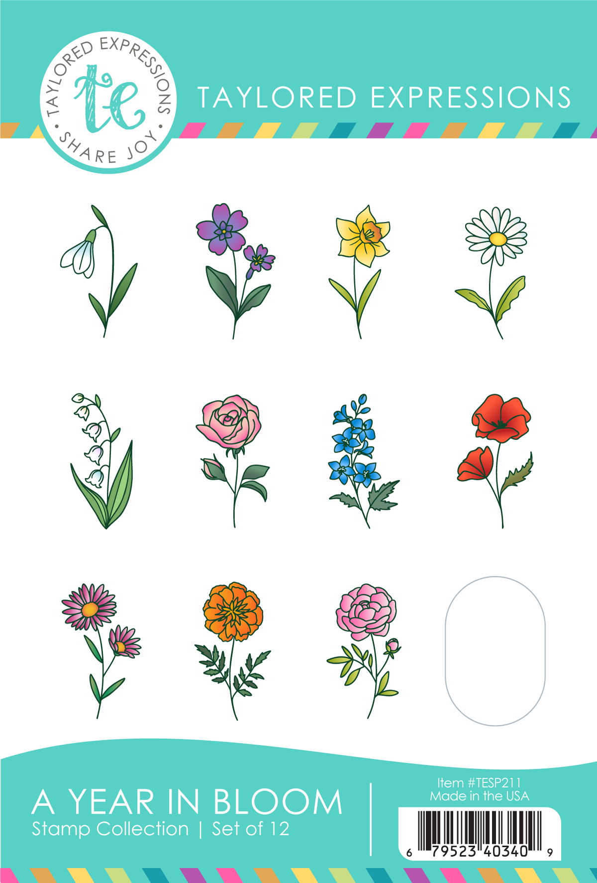 A Year In Bloom Stamp Panel with first seven month flowers shown.