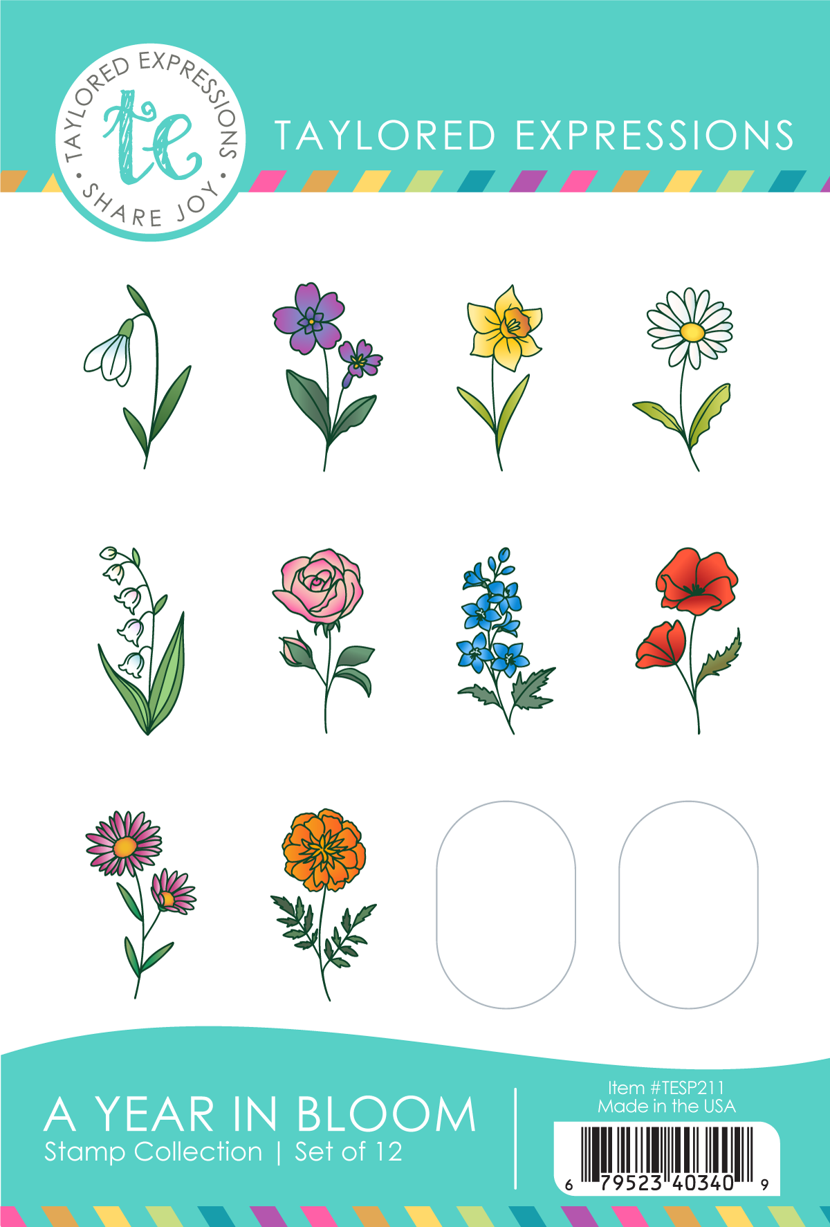 A Year In Bloom Stamp Panel with first seven month flowers shown.