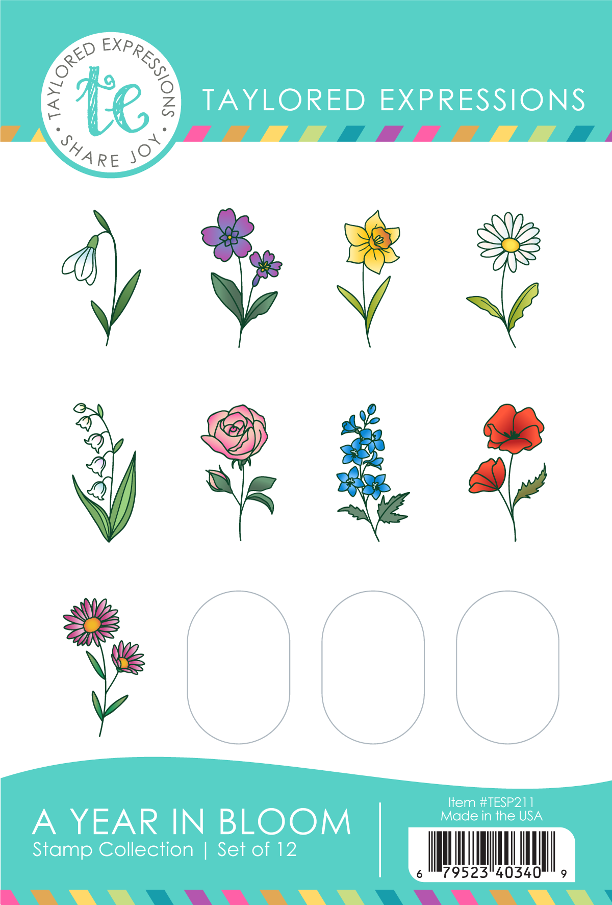 A Year In Bloom Stamp Panel with first seven month flowers shown.