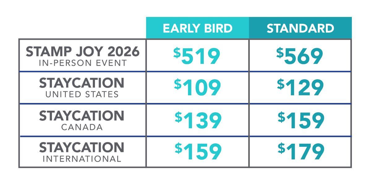 Table-style graphic describing pricing options for Stamp Joy 2025.