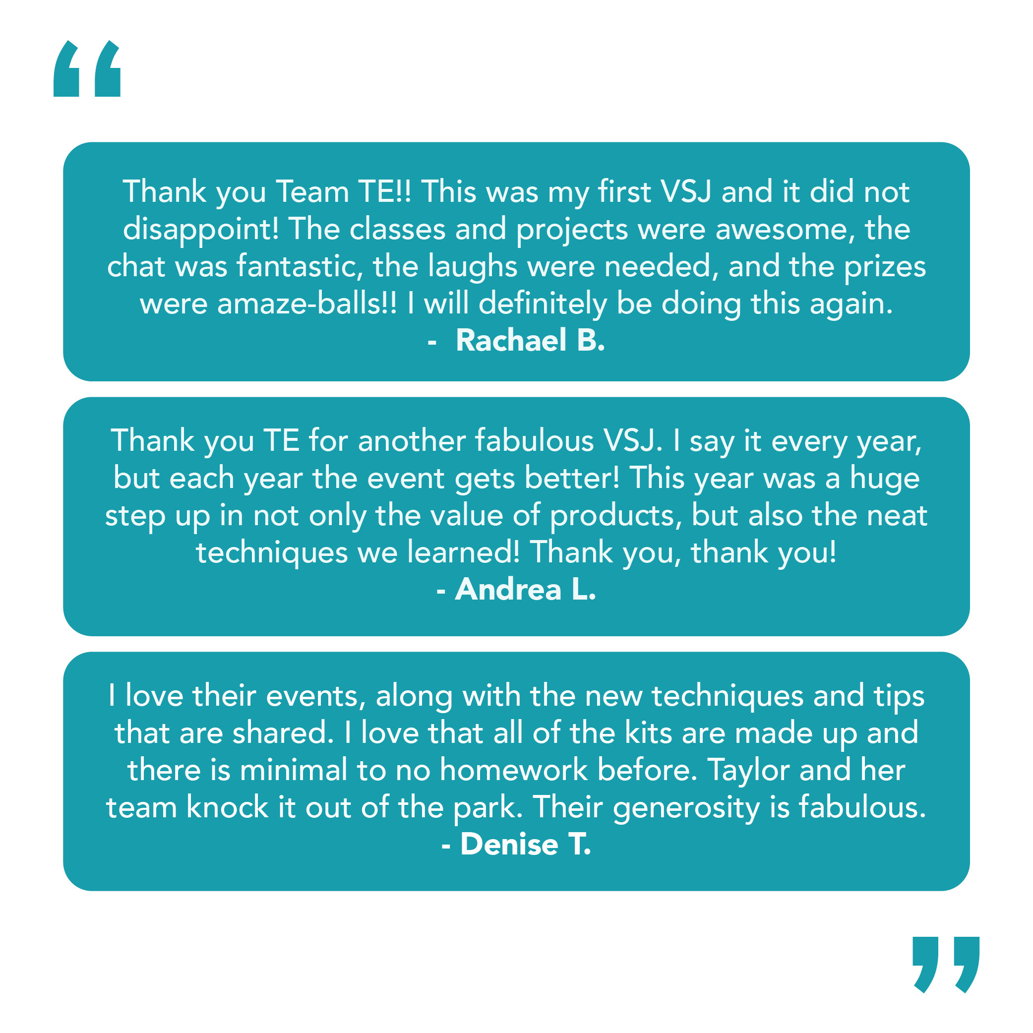 Testimonial quotes from satisfied Virtual Stamp Joy customers.