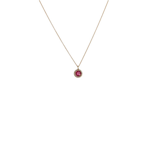 This handmade 14k rose gold pendant featuring a .33k pink sapphire stone and .08k diamonds is from the locally made Fine Jewelry Mewar Collection.