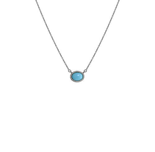 This handmade 18k white gold necklace with a 16" chain featuring a .95k turquoise stone and .08k diamonds and is from the locally made Fine Jewelry Mewar Collection.