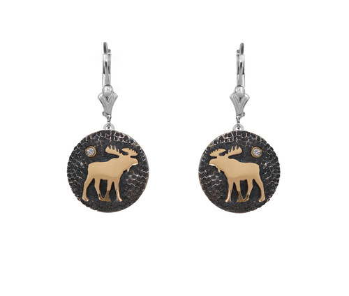 This handmade pair of 10k yellow gold moose on sterling silver disks earrings featuring 1.75mm crystals. Lever Backs. From the locally made Teton Jewelry Collection.