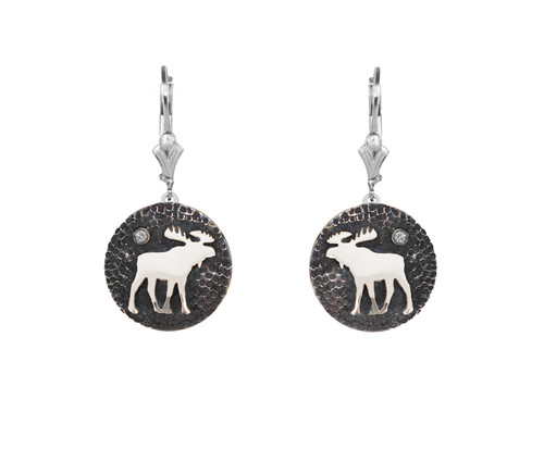 This handmade pair of sterling silver moose on disks earrings featuring 1.75mm crystals. Lever Backs. From the locally made Teton Jewelry Collection that is exclusively made for and sold at A Touch of Class.