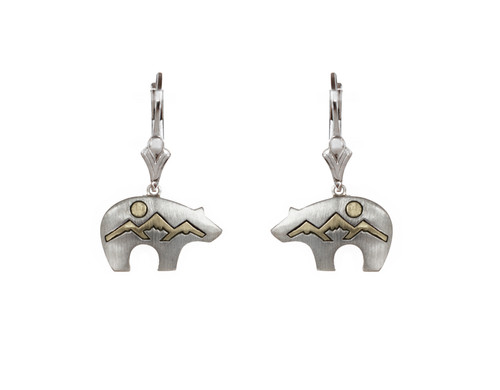This handmade sterling silver earrings featuring a mountain landscape etched in 10k yellow gold inside of a bear silhouette. From the locally made Teton Jewelry Collection. 1 1.25mm Tsavorite lever backs.