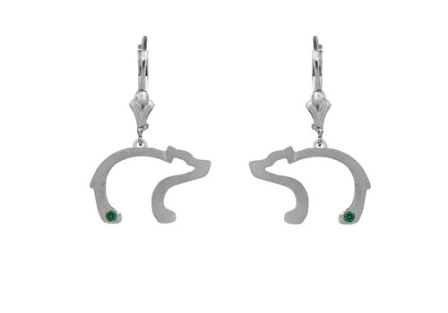 This handmade bear silhouette earrings in sterling silver featuring 2 1.25mm Tsavorite Garnet stones is from the locally made Teton Jewelry Collection. Lever backs.