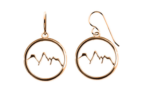 These handmade circle Grand Teton Mountain Range outline earrings in rose gold are from the locally made Teton Jewelry Collection. Exclusively made for and sold at A Touch of Class.