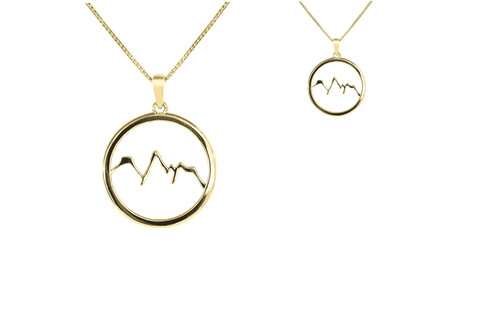 These handmade circle Grand Teton Mountain Range outline necklace in 14k gold are from the locally made Teton Jewelry Collection. Exclusively made for and sold at A Touch of Class. These handmade circle Grand Teton Mountain Range outline necklace in 14k gold are from the locally made Teton Jewelry Collection. Exclusively made for and sold at A Touch of Class.