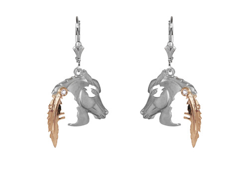 This handmade pair of Indian horsehead earrings in sterling silver with 10k yellow gold accents and 1.75mm white sapphire crystals. From the locally made Teton Jewelry Collection.