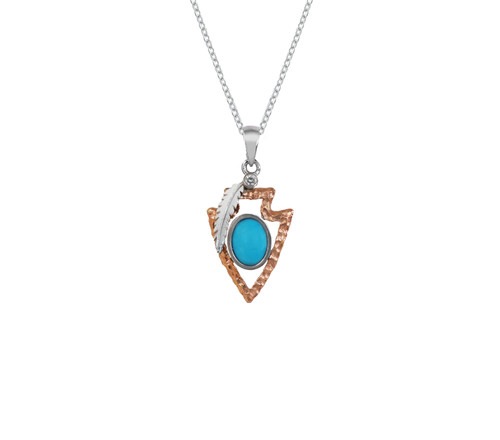 This handmade Turquoise arrowhead neacklace in 14k titanium with 14k rose gold and white gold accents featuring a turquoise stone and an adjustable chain. From the locally made Teton Jewelry Collection that is exclusively made for and sold at A Touch of Class.