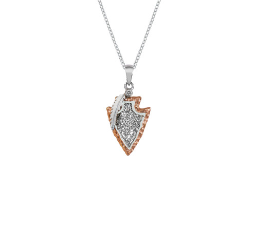 This handmade Pave arrowhead neacklace in 14k titanium with 14k rose gold and white gold accents featuring a .22k diamond and an adjustable chain. From the locally made Teton Jewelry Collection that is exclusively made for and sold at A Touch of Class.