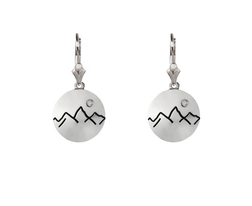 These handmade sterling silver Grand Teton Mountain Range outline circle disk dangle earrings features a crystal moon are from the locally made Teton Jewelry Collection. Exclusively made for and sold at A Touch of Class.