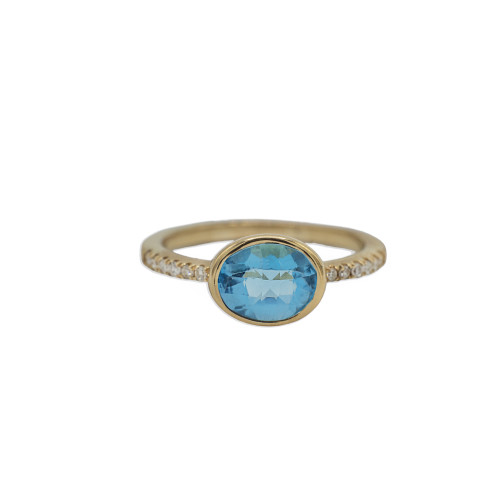 14K YG Blue Topaz DIA Oval Ring