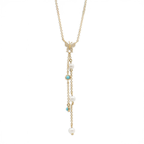 14K YG Diamond & Pearl & Turquoise Butterfly Necklace 14K YG Diamond & Pearl & Turquoise Butterfly Necklace