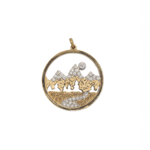 14K YG Round Pave Diamond Mountain Pendant