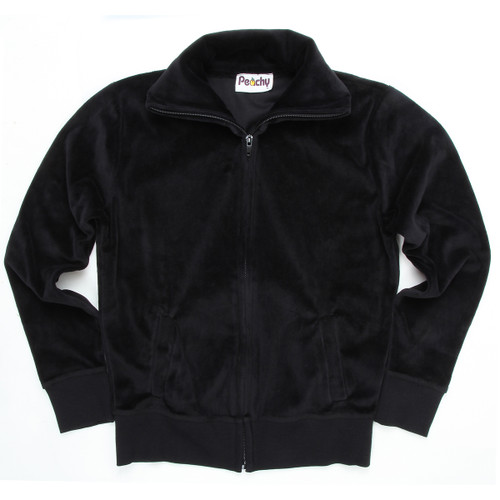 Velour Zip-Up With Collar & Side Slit Pockets Black